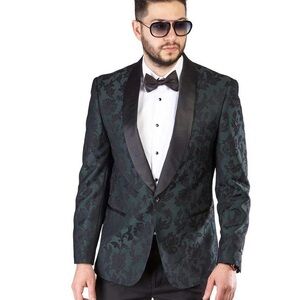 Azar Man Slim Green Floral Black Satin Collar Tuxedo Jacket and Pants Set 44L